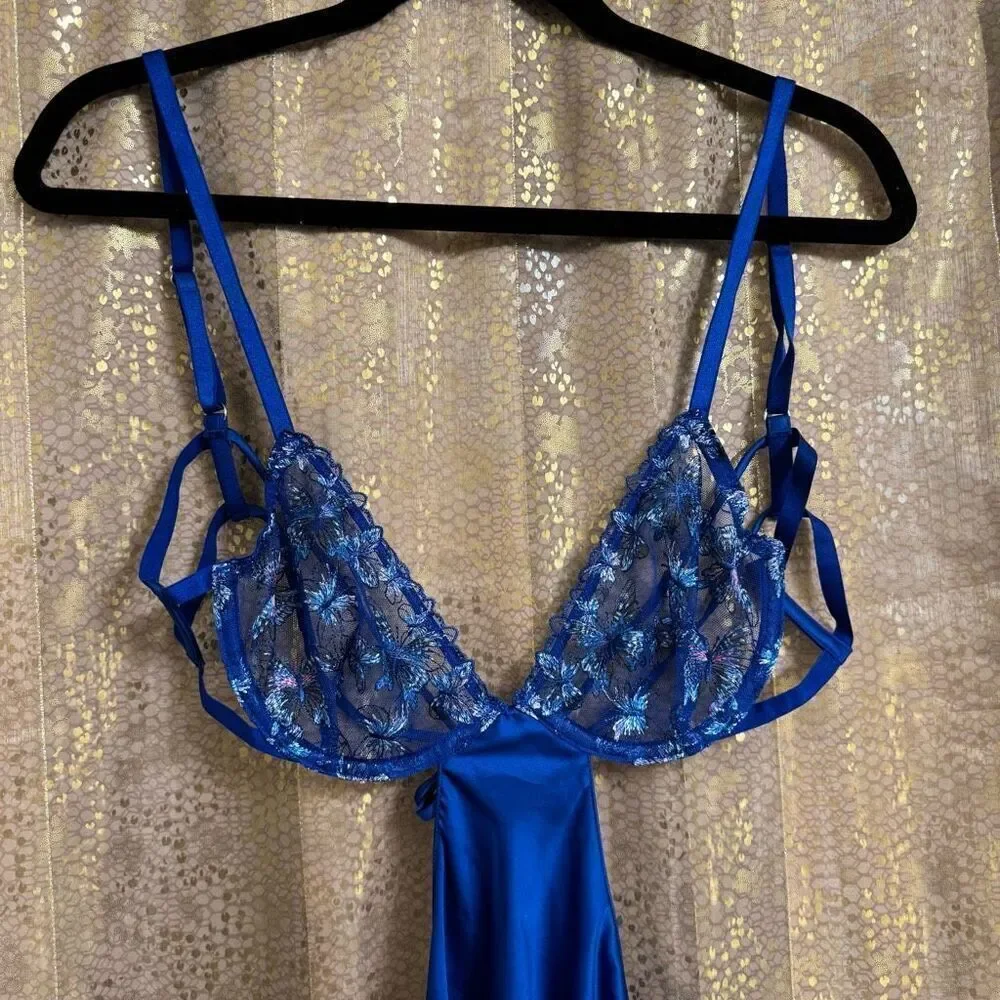 Victorias Secret Royal Blue Lace Butterfly Low Cut Demi Satin Slip Medium NWT
